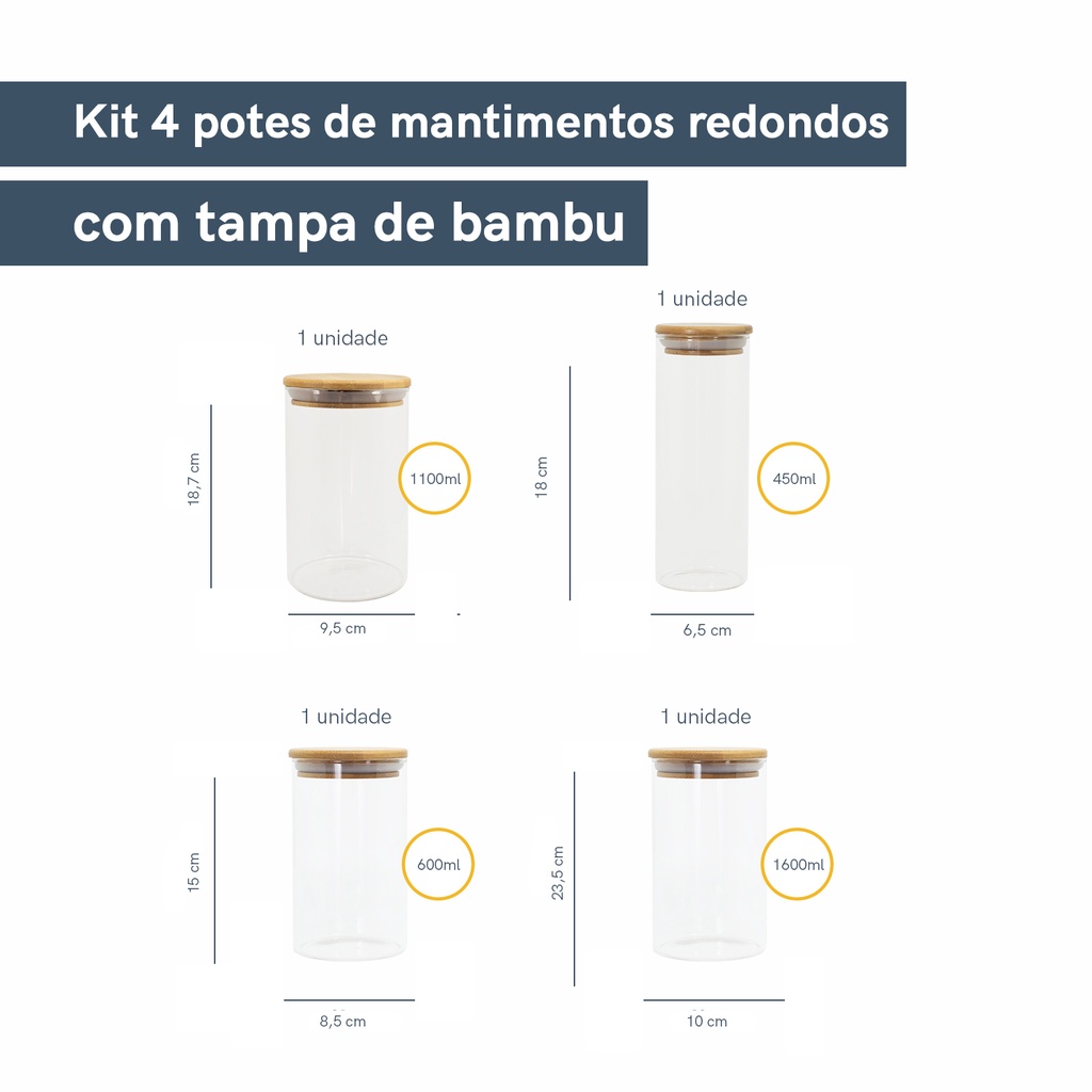 Detalhes do Kit Pote De Vidro Hermético Tampa Bambu 450/600/1100/1650ml