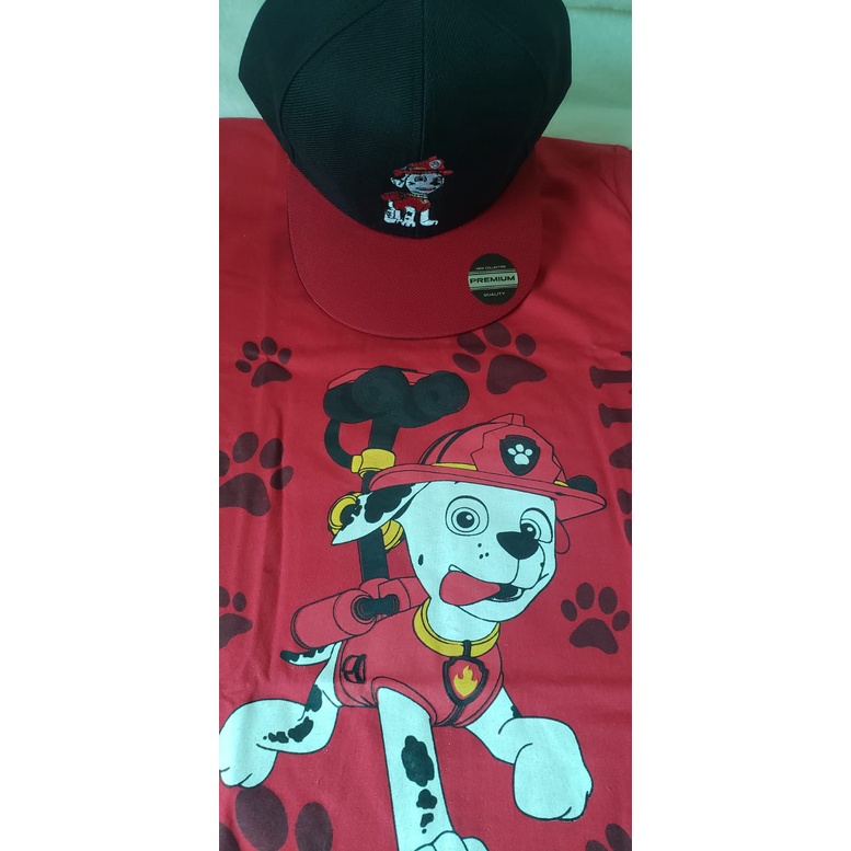 bone aba reta e camiseta conjunto Patrulha Canina Cão Marshall infantil criança menino personagem manga curta desenho blusa