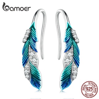 Bamoer Brinco De Prata 925 Pena Azul Deslumbrante Para Mulheres Moda Simples Jóias
