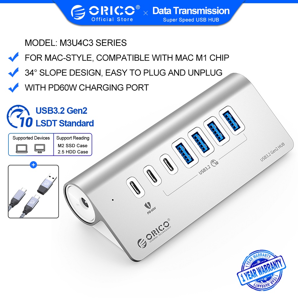 ORICO USB Hub Alumínio Super Alta Velocidade 10Gbps Tipo C Para 7 Porta 3.0 Carregador PD 60W Adaptador Macbook Pro Air M1 PC Acessórios Notebook (M3U4)