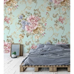 Papel de parede flores rosas e roxa com fundo verde marinho