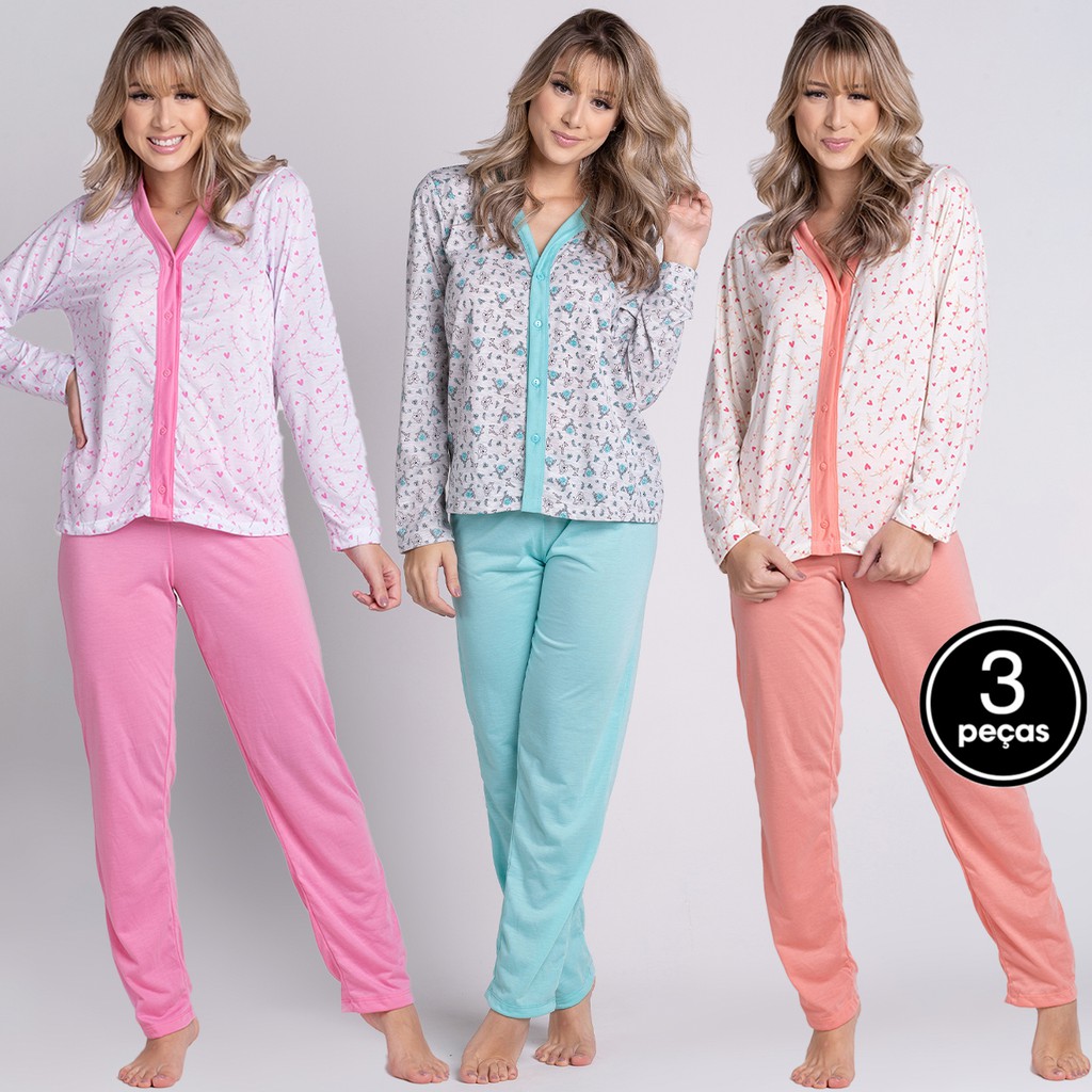 Promoção Kit 3  Pijama Pós Cirúrgico Longo Botão Aberto Estampado Pós Parto Conforto