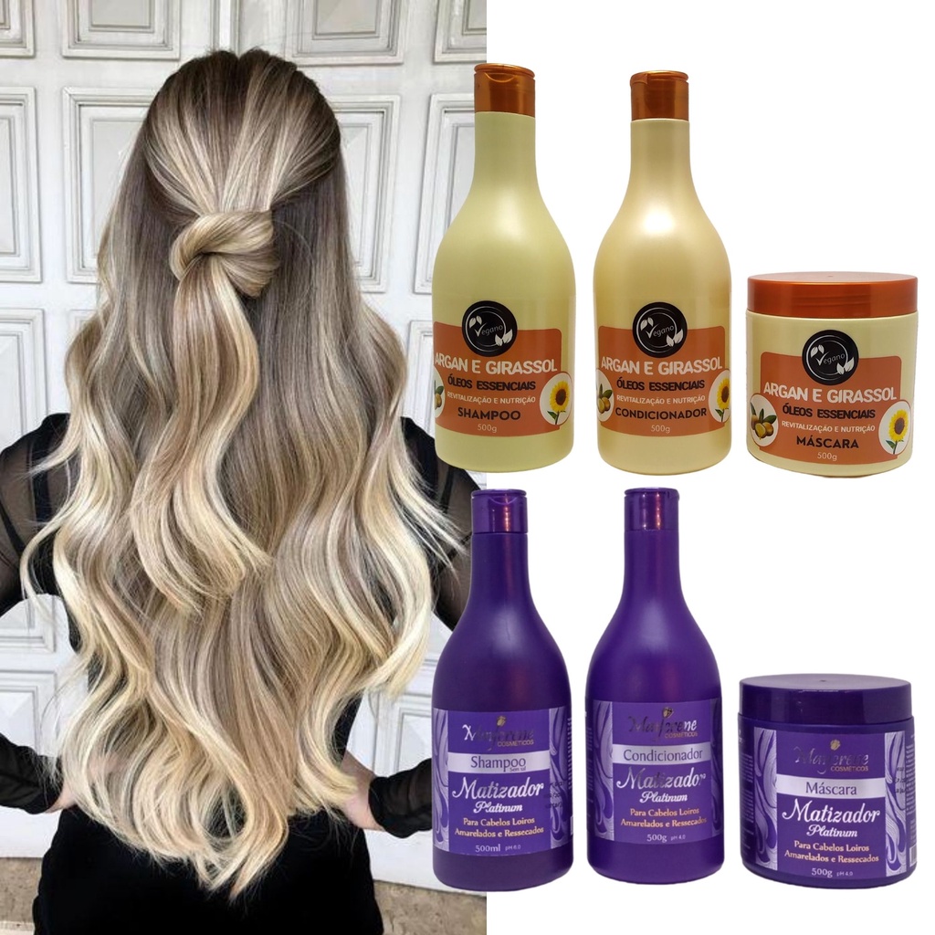 Kit Argan E Girassol Vegano + Kit Matizador Elimina Amarelado Loiro Maycrene 6 X 500ml