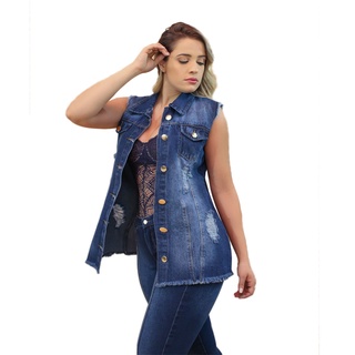Colete Jeans Feminino Longo Com 2 Bolso Promoção Max Colete