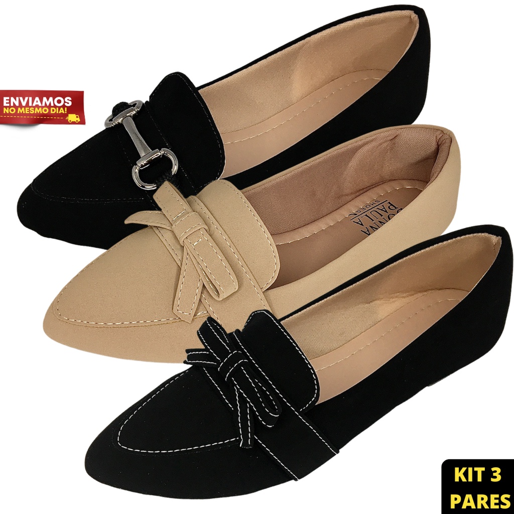 Kit Sapatilha Feminina 3 Pares Bico Fino Mocassim Feminino Sapato Feminino Casual Social Feminina …