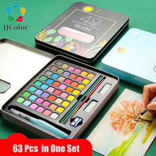 63 peças kit tinta aquarela portátil 48 cores pigmento com pincel desenho divertido suprimentos de arte para casa em Oferta na Shopee