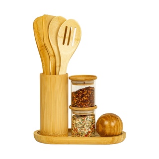 Kit Organizador Bancada C/ Utensílios Bambu Potes E Saleiro