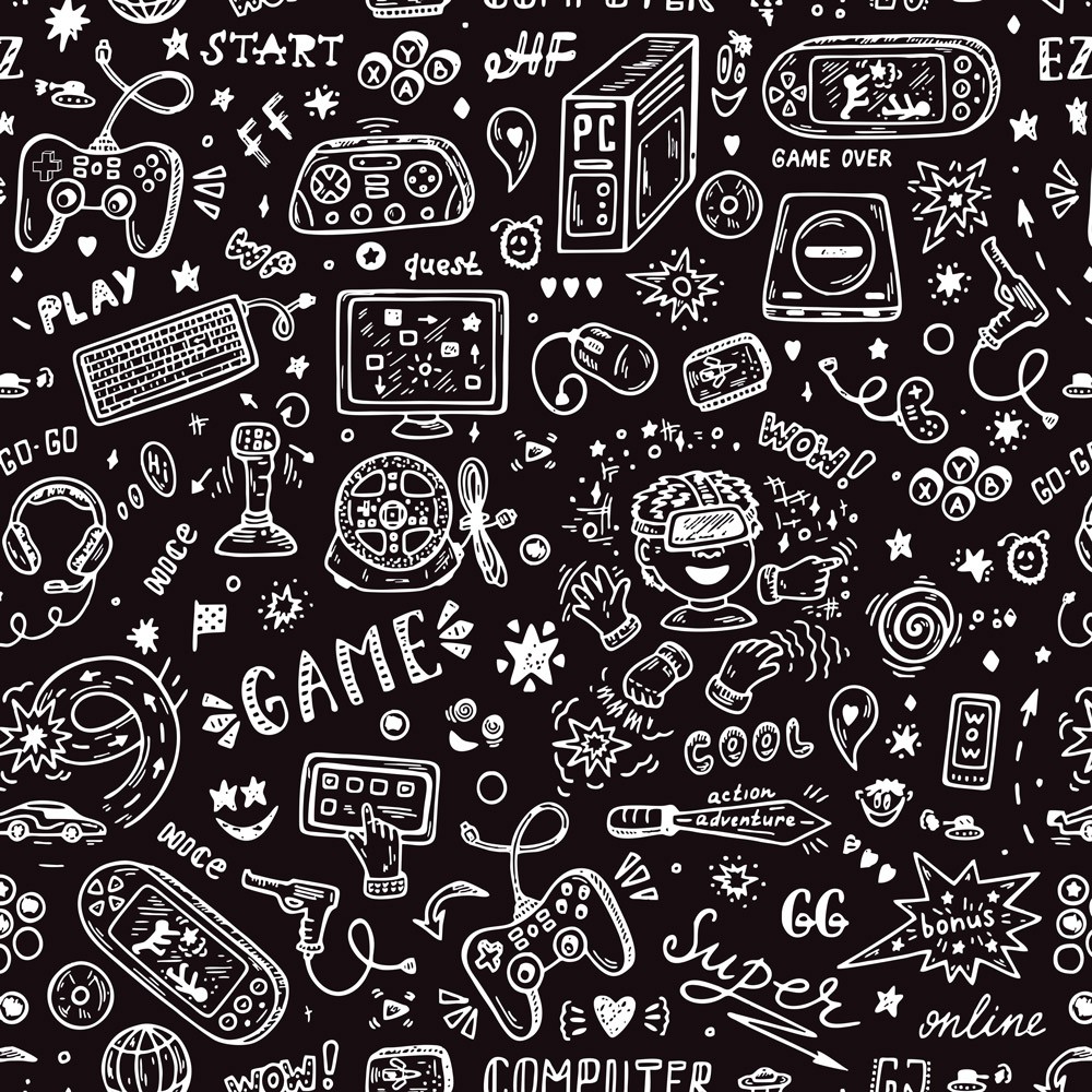 Papel de Parede Adesivo Teen Game Fundo Preto desenhos em branco