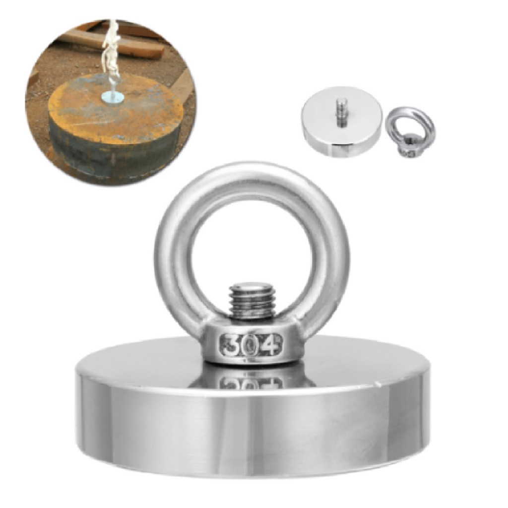 Calamita in neodimio con 2 fori e occhielli a vite (magnets4you) – Magnete super forte per pesci magnetici/pesca magnetica/magnete | Magnete con occhiello nichelato – Dimensioni 74 mm – 2 x