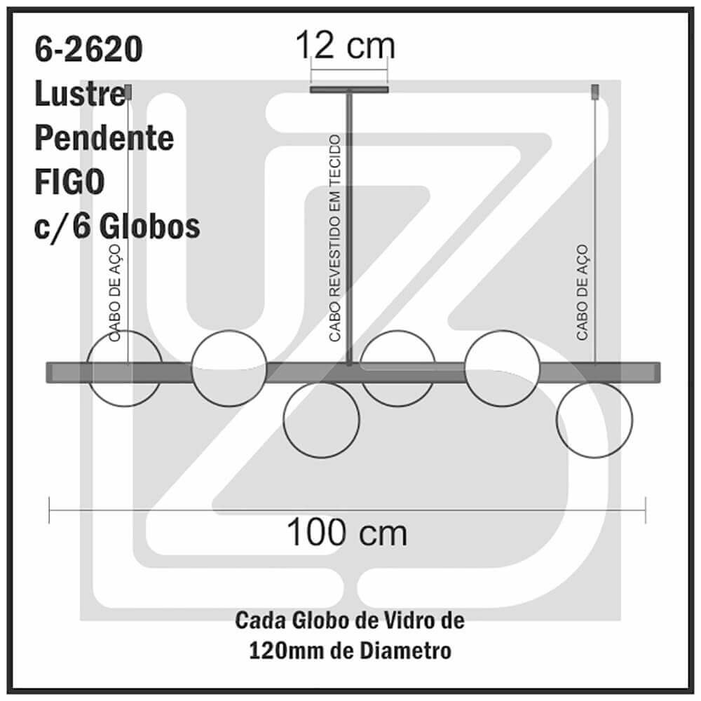 Lustre Pendente Figo OURO - 6 Globos Esfera de Vidro Fumê