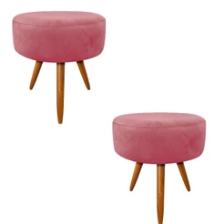 Banqueta Puff Puf Redondo Pés Palito Suede Rosê Para Sala