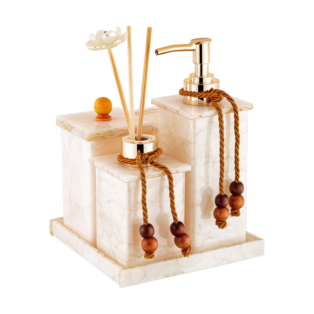Kit Saboneteira / Jogo Lavabo / Kit Banheiro Em Acrílico Mármore 05 Itens (Saboneteira / Pote Multiuso / Pote Com Tampa / Difusor / Bandeja) - Acribom