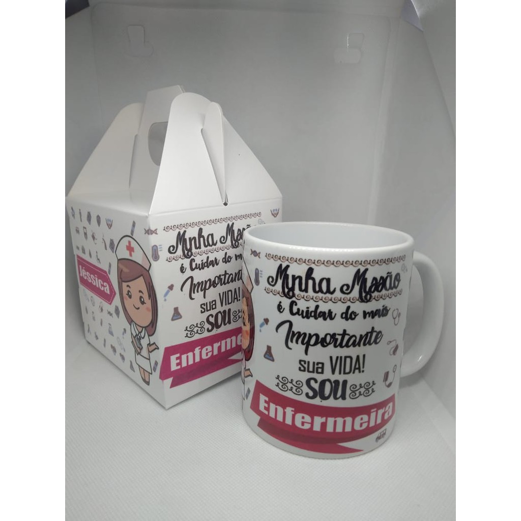 Caneca / Xicara Porcelana Enfermeira - Caneca e Caixa Personalizada com Nome, Presente enfermeira