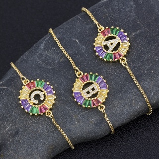 Nova Moda A-Z Inicial Pulseiras Coloridas De Zircônia Cúbica De Letra Ajustável Arco-Íris Jóias