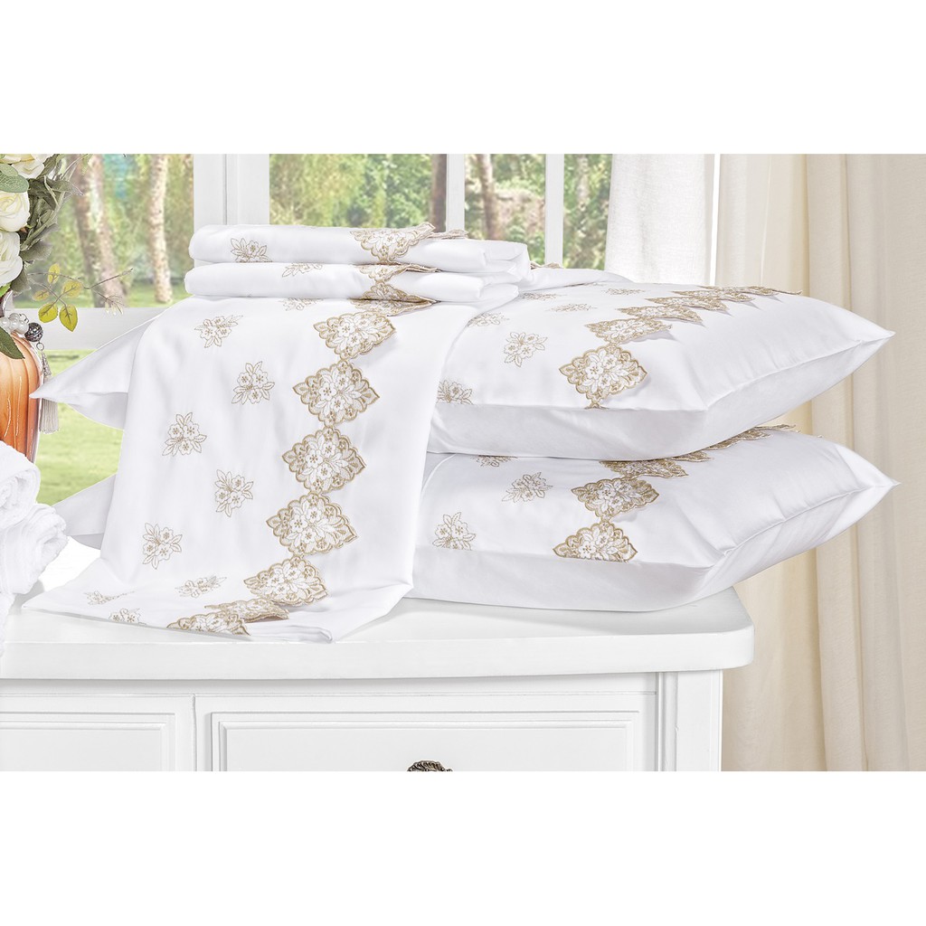 Jogo De Cama Sensualle 4 Peças Casal Queen Bordado Percal 400 Fios Acetinado 100% Algodão