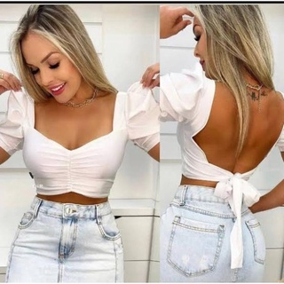 Blusa cropped top feminino drapeado detalhe amarração nas costas moda influencer
