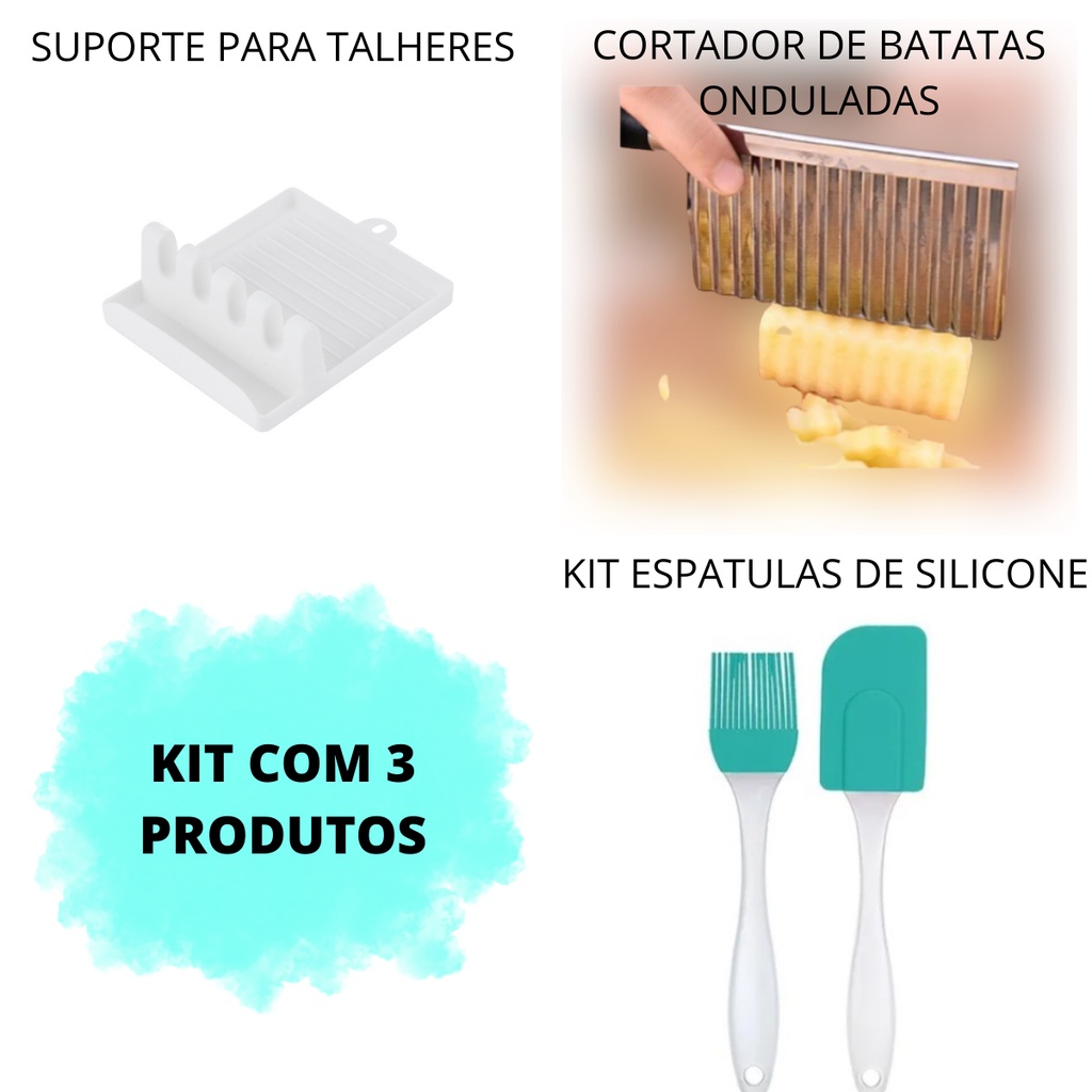 Kit Cortador Ondulado De Batata + Espatula E Pincel De Silicone + Suporte Descanso Apoio Talheres