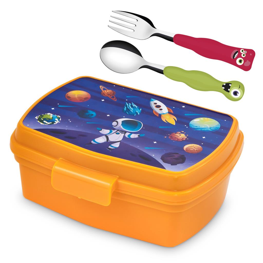 Lancheira Decorada c/ Divisoria + Jogo Talher Infantil Inox Tramontina