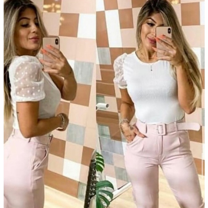 Blusa feminina  manga princesa tule poa Málha  canelada moda blogueira linda
