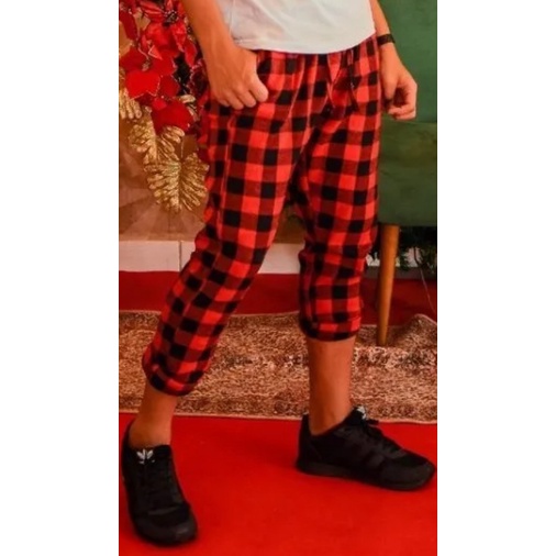 Calça Unissex Xadrez  Flanela Jogger com Bolso Faca e Cordão de tecido detalhe na calça