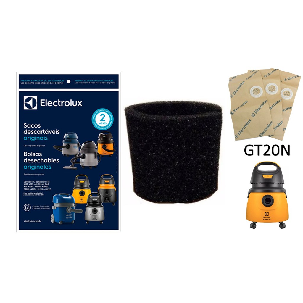 Saco Descartável + Filtro Permanente Espuma Aspirador De Pó Electrolux Gt20n (gt2000 Modelo Novo)