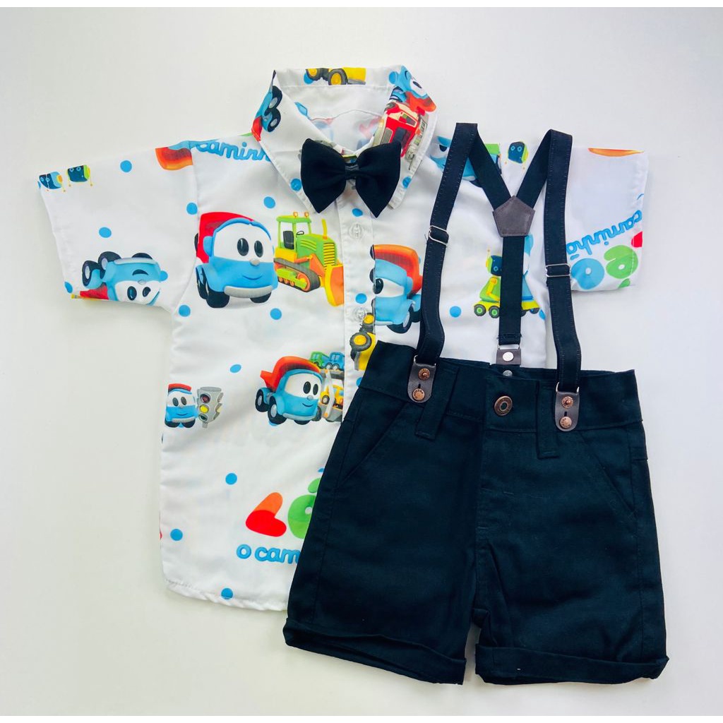 Conjunto LÉO CAMINHÃO temático com gravata e suspensório infantil para menino