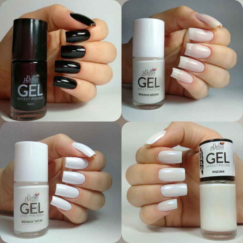 Esmalte unhas tons branco, preto, nude e cinza Bella Brazil Efeito Gel seca rápido