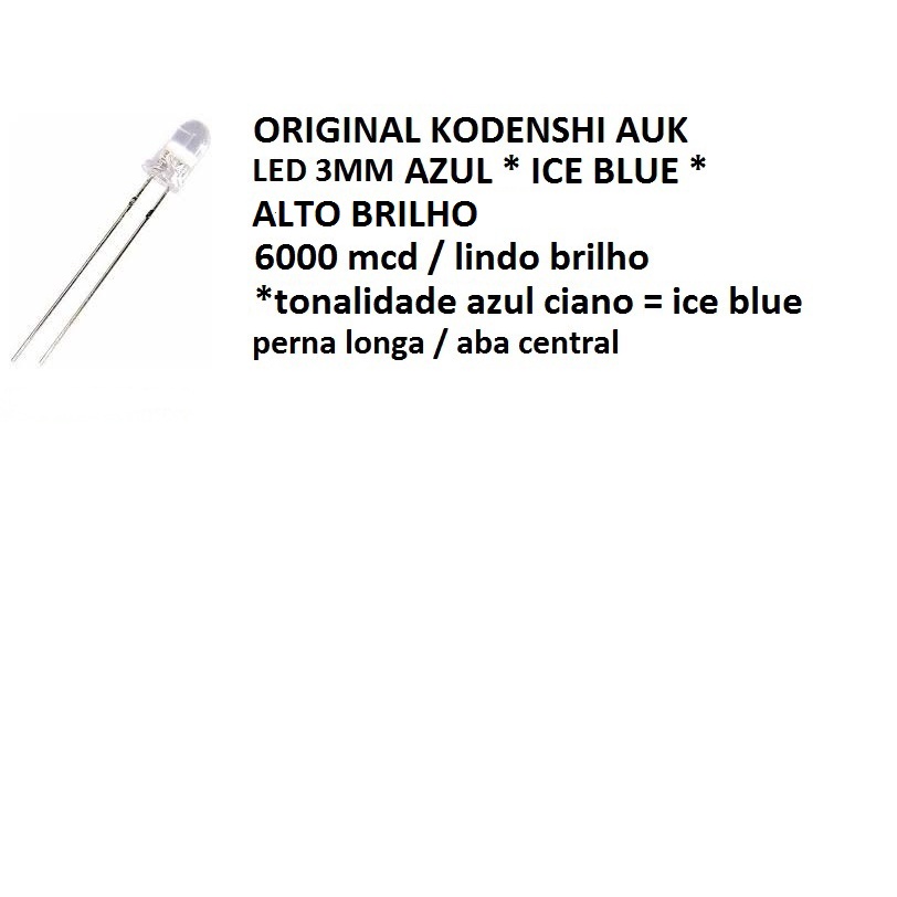 100 PÇS LED 3MM AZUL CIANO = ICE BLUE ALTO BRILHO 6000MCD LINDO BRILHO