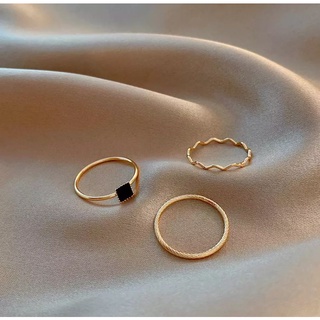 Anel Kit 3 Peças Dourado Pedra Preta Detalhes Delicado P3216