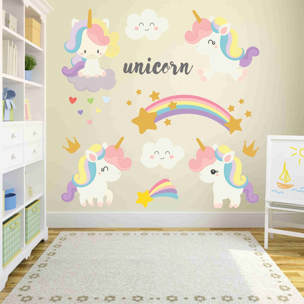 Adesivo de Parede Unicórnio Nuvem Arco íris Menina Decoração Quarto Adesivo para Parede