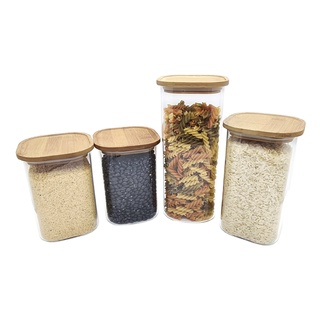 Potes De Vidro P/ Mantimentos C/ Tampa Bambu Oikos - 4 Pçs