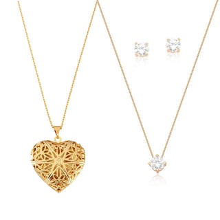 Kit Colar Feminino Amoeto Relicário Coração e Colar e Brinco Ponto De Luz com Zircônia