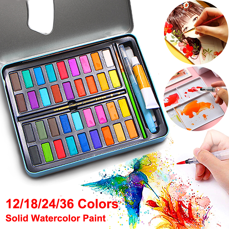 12/18/24/36 Color Solid Watercolor Paint Pigment Set for Children Drawing with Brush Box Set Art Supplies