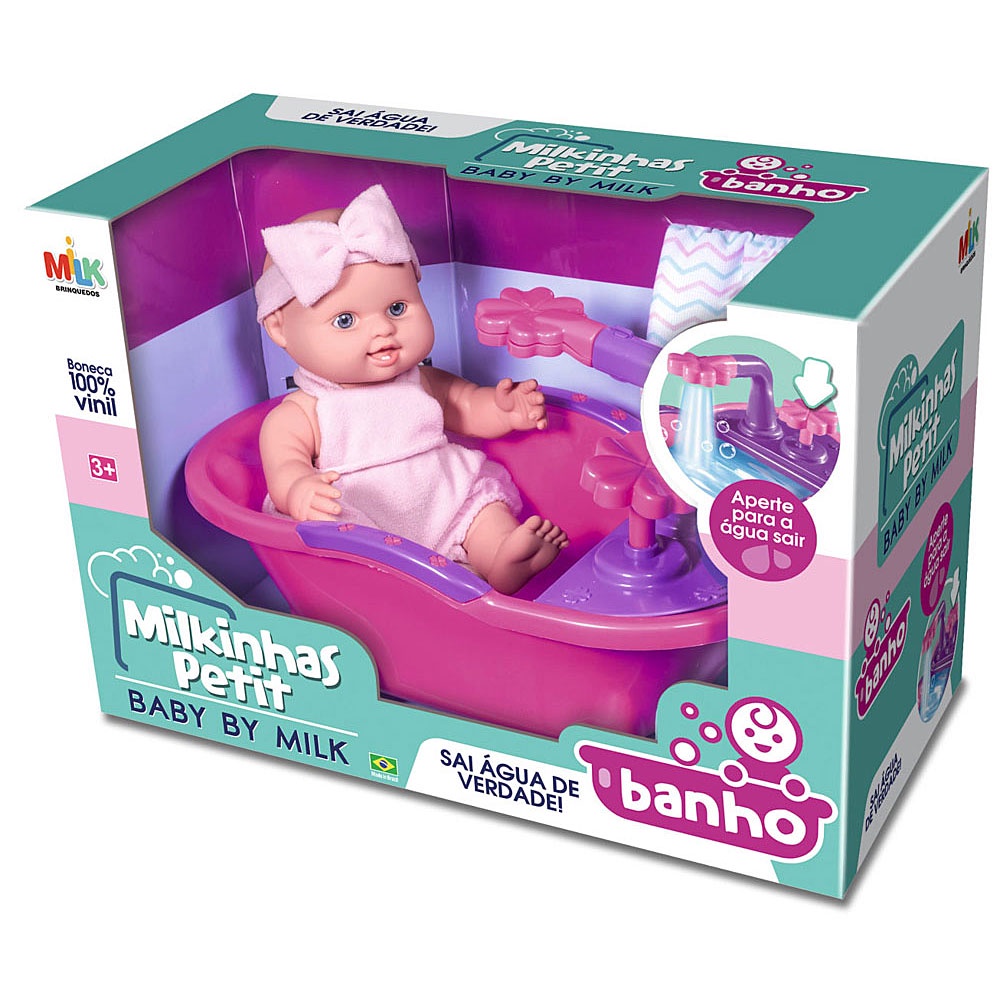 Boneca Bebê Milkinhas Petit Banho Com Banheira Que Sai Água de Verdade