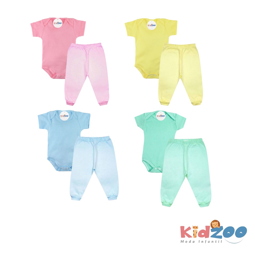 Kit 2 Peças Body Manga Curta + Mijão S/ Pé 100% Algodão Sortido Menina e Menino