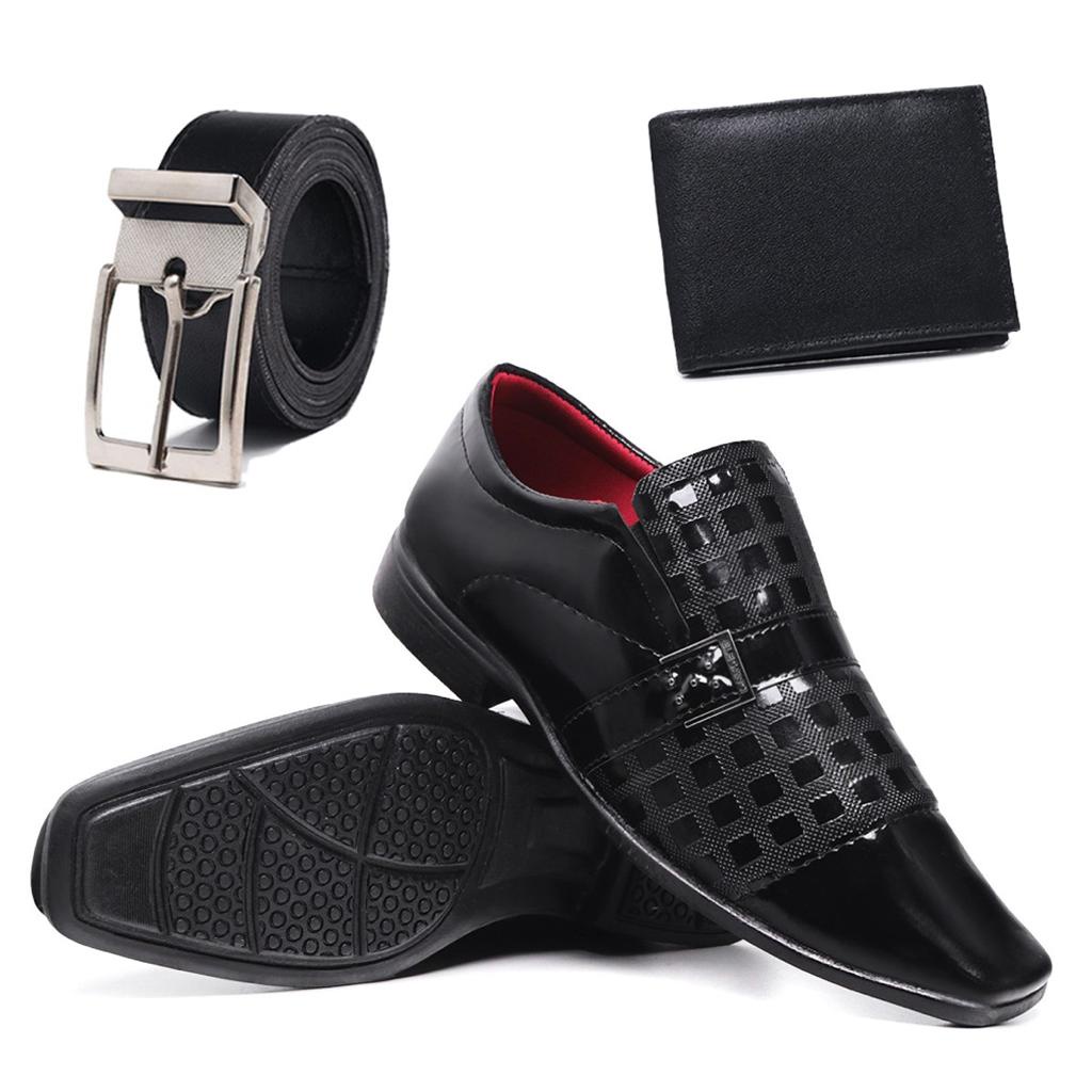 Sapato Social Masculino Verniz Preto Cinto Carteira