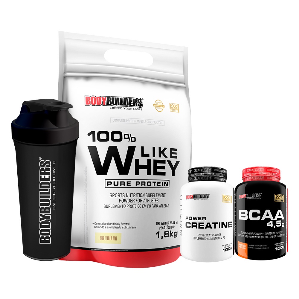 Kit 100% Like Whey Pure Protein 1,8kg + Power Creatina 100g + BCAA 4,5 100g + Coqueteleira - Aumento de Força Muscular - Bodybuilders