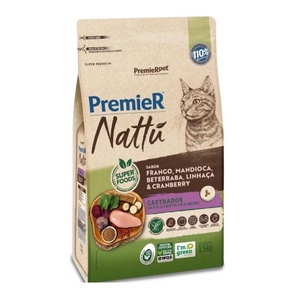 Ração Premier Nattú Gatos Castrados Frango e Mandioca 1,5kg