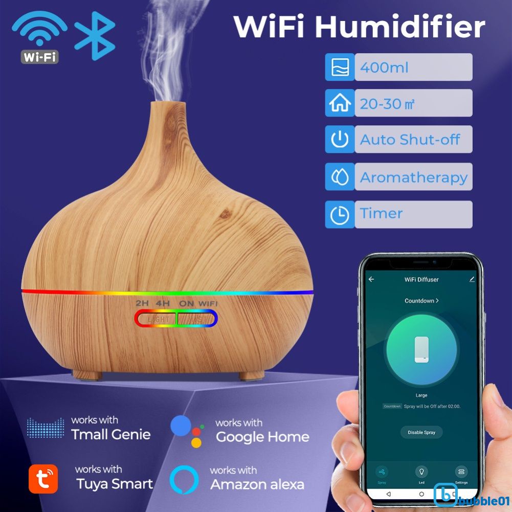 TUYA Difusor de Aroma Difusor de Aroma Redondo Automático de Madeira WiFi Difusor de Aroma Difusor de Ar Purificador de Ar Trabalho com Alexa e Google Home