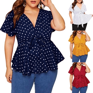 Bgk Camisa Feminina Plus Size Com Gola V De Manga Curta De Bolinha Com Nó Na Frente