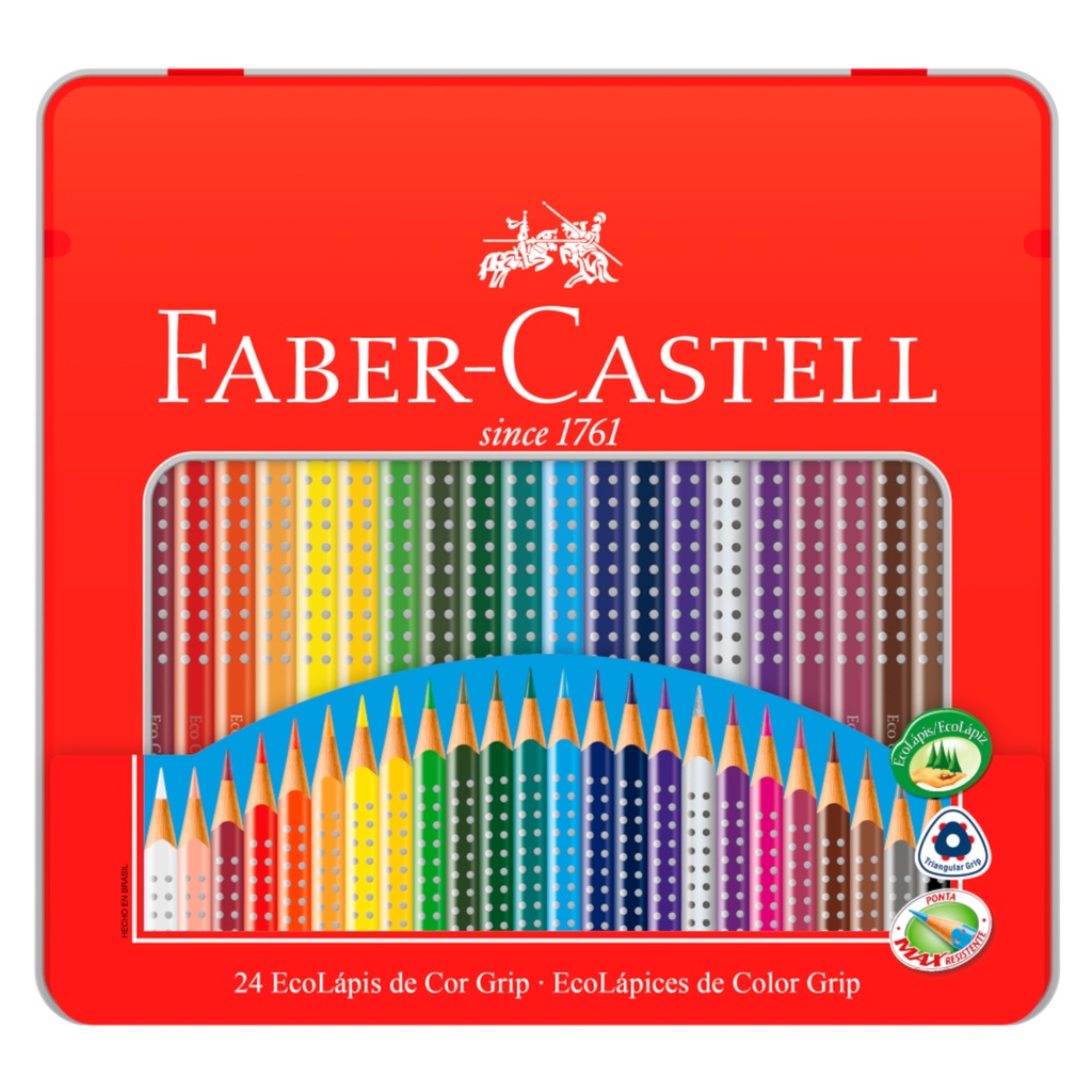 Lápis de Cor Faber-Castell EcoLápis Grip 24 Cores Estojo Metálico Exclusivo 121024LTN | de Lata | Kit Material Escolar | Presenteável | Triangular
