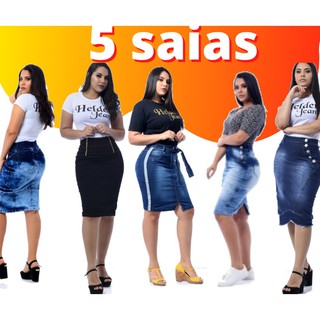 kit com 5 saias em jeans com lycra