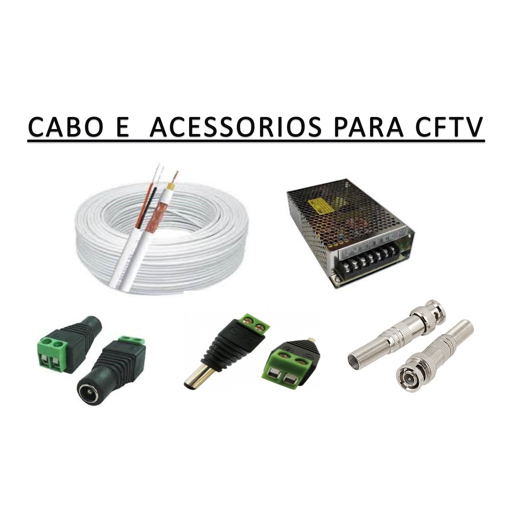 Kit Cabo Coaxial Cftv 50 metros c/ 80 Malha com 16 Conectores Bnc, P4