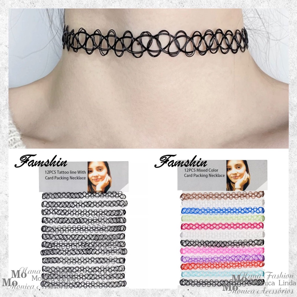 Kit 12 Gargantilha Colar Choker Coleira Tipo Tattoo De Nylon Preta/Colorido