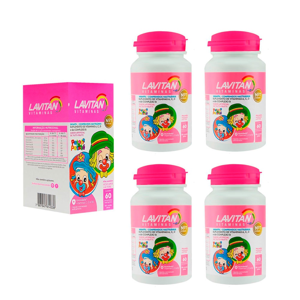 Kit 04 Lavitan Kids Suplemento Vitamínico Sabor Tutti-Frutti 60 Comp @