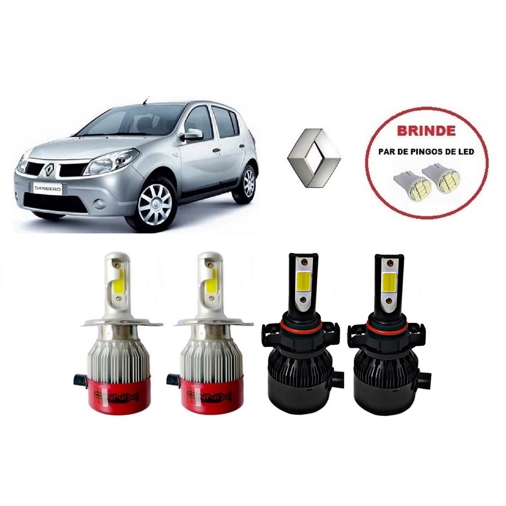 Kit 4 Lampadas Super Led para Farol Alto / Baixo e Milha com 6000k e 8000 lumens para Renault Sandero Ano 2011 2012 2013 2014 Selecione Modelo do Farol