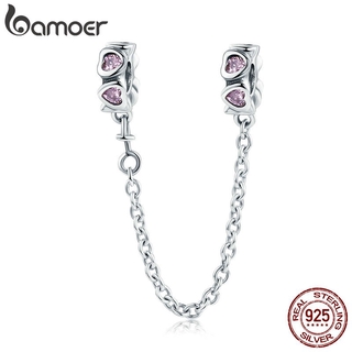 Bamoer 925 Sterling Silver Rosa Coração Rolha Cadeia De Segurança Charme SCC562