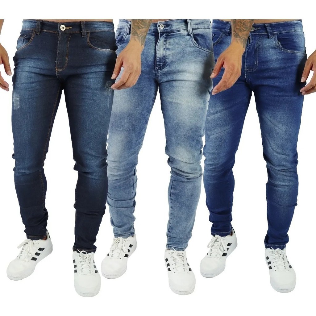 Kit 3 Calças Jeans Masculina Slim C/ Lycra Elastano Slim Fit