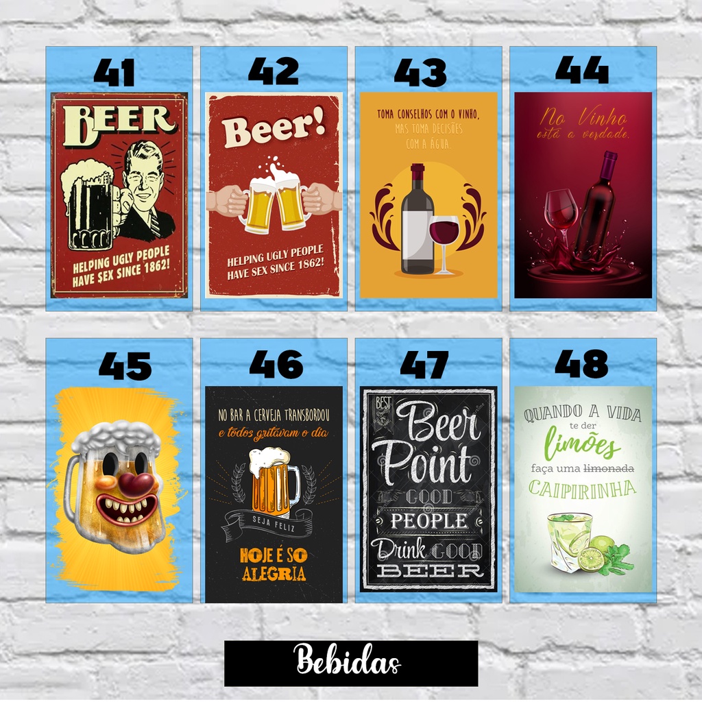 Kit 8 Placa quadro decorativo bebidas, cerveja, Coca-Cola duff berr drink boteco