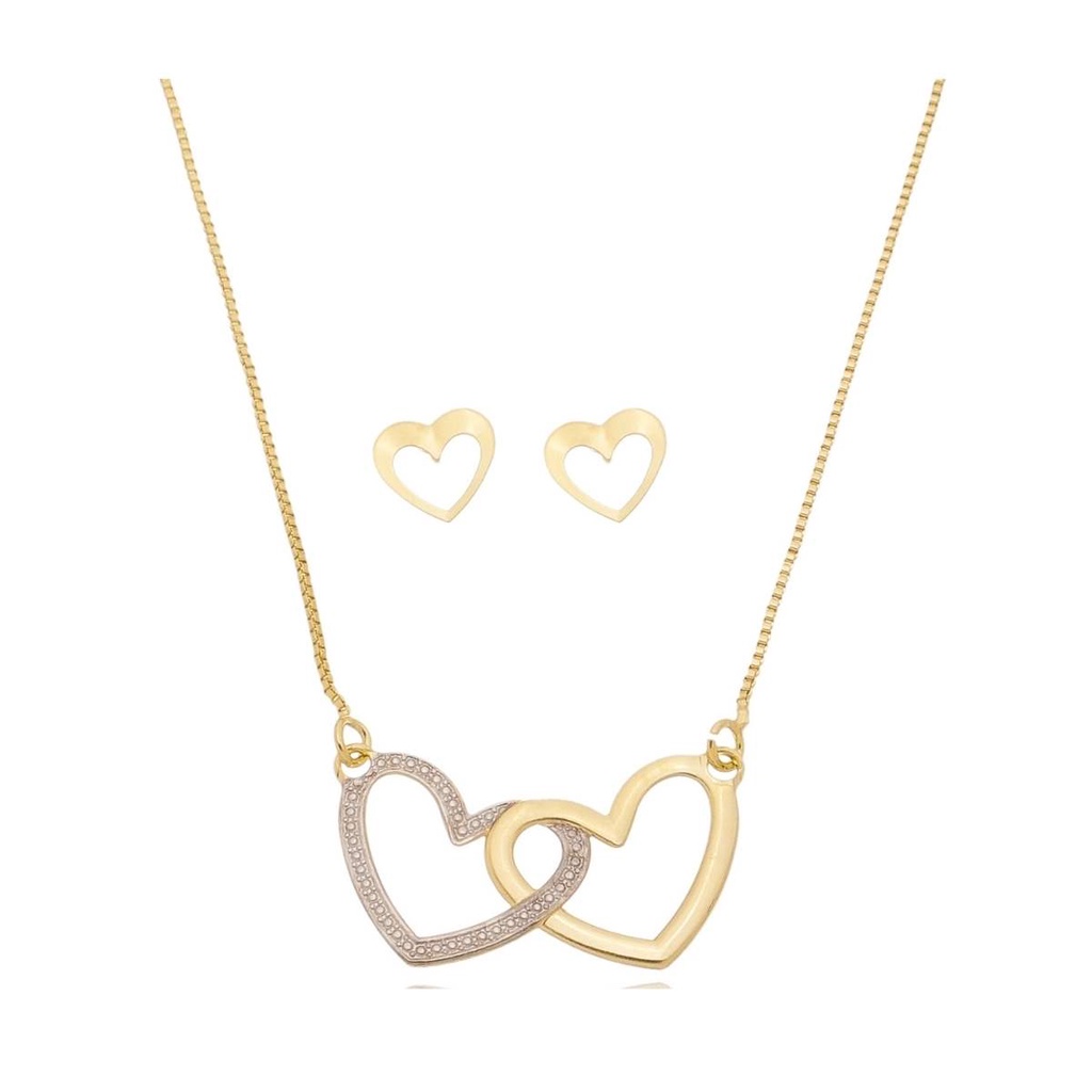Conjunto Brinco e Conjunto Brinco e Colar Coração Vazado Banhado a Ouro 18k - Antialérgico Presente Aniversário Natal Filha Namorada Esposa Madrinha